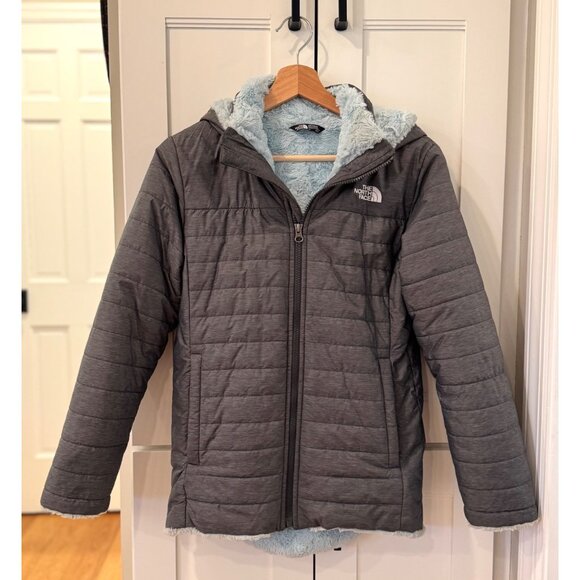 North Face Girls Jacket with Hood Mossbud Swirl Gray Size Large Coat 14/16 Blue - Picture 7 of 7